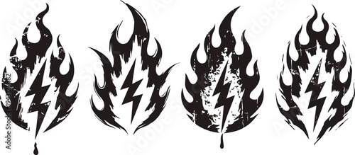 black flame icons with lightning bolt silhouettes, grunge style, energy and power symbol set