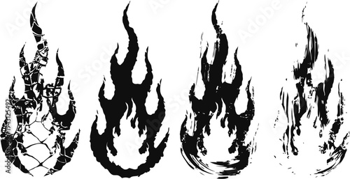 Set of four black flame silhouettes with varied textures and shapes on white background