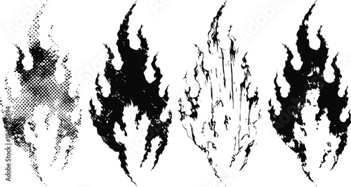Four black abstract flame silhouettes with varying textures and dotted patterns on white background