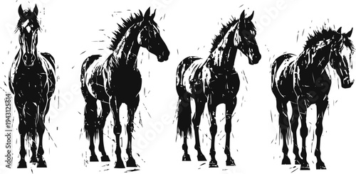 Silhouettes of walking and standing horses with dynamic mane and tail movement on white background