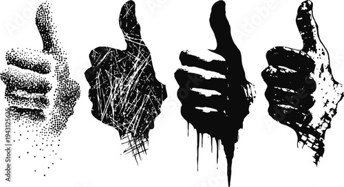 grunge textured thumbs up hand gestures in black vintage set