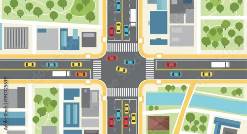 Aerial View of a Busy City Intersection with Cars.