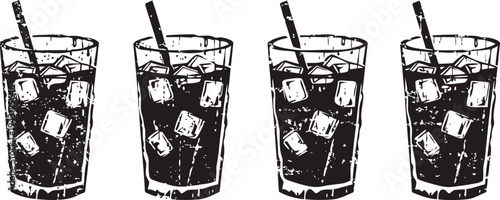 Four glasses of iced soda with straws, refreshing cold drink illustration in black and white