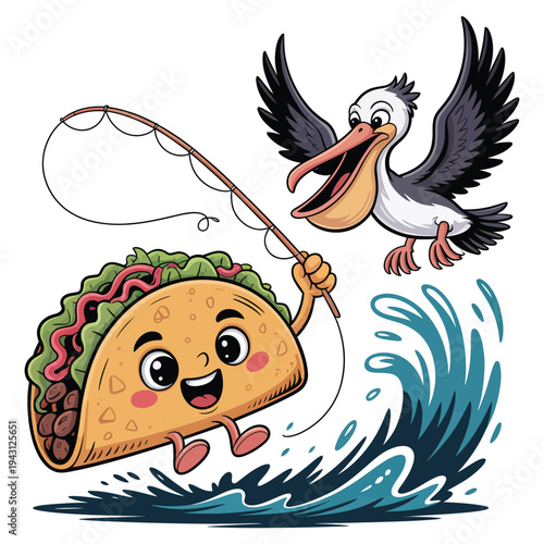 Funny cartoon taco character fishing in ocean water, pelican swooping down to steal fish, quirky food illustration, humor, playful scene