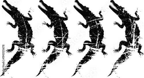 Four black crocodile silhouettes with grunge texture in motion and sparkle effect