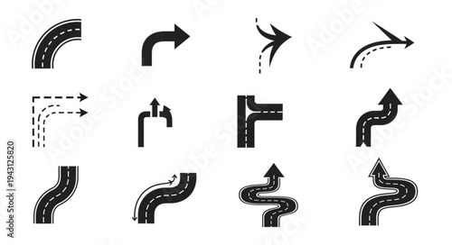 Road Direction Icons - Navigational Symbols for Wayfinding and Guidance.