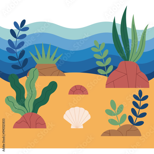 An underwater scene featuring ocean plants and a seashell on the sandy seabed