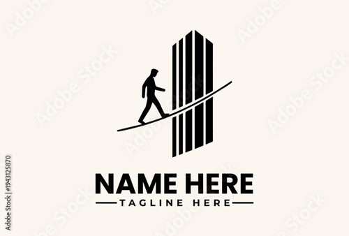 A minimalist logo design featuring a silhouette of a person balancing on a tightrope in front of a stylized building with vertical lines on a beige background, incorporating placeholder