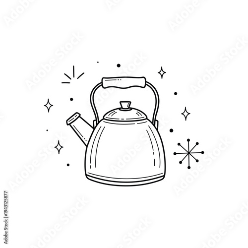 Line drawing kettle teapot with handle and spout illustration.