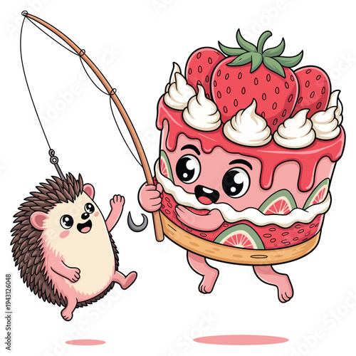 Hedgehog trying to catch cake with strawberry topping, cake character fishing, whimsical food art, funny animal interaction, sweet dessert