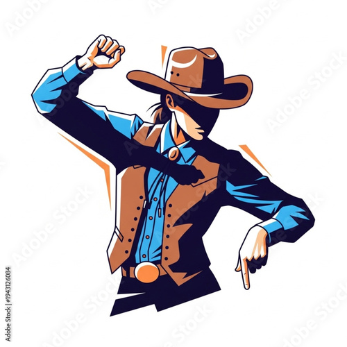 Cowboy Dancing with Hat Raised High.