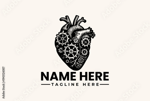 A black and white illustration of a heart with gears inside, used as a logo or icon on a plain background, with space for a name and tagline.