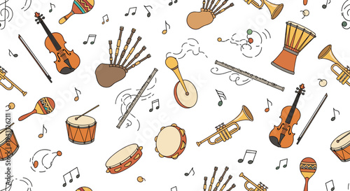 Hand drawn seamless pattern of musical instruments including violin, trumpet, drums, bagpipes, and flutes with floating music notes.