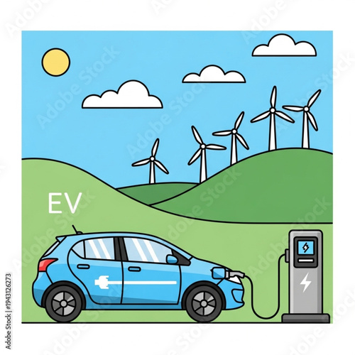 Electric Car Charging at Wind Turbine Station.