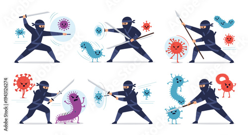 Set of illustrations featuring ninja characters fighting various colorful virus and bacteria monsters with swords and protective shields.