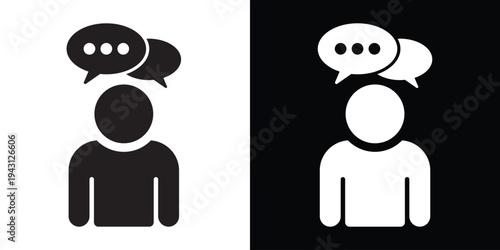 Brainstorming and user feedback icon. A person with speech bubbles overhead, symbolizing customer reviews, professional opinions, internal thoughts, or public discussion.