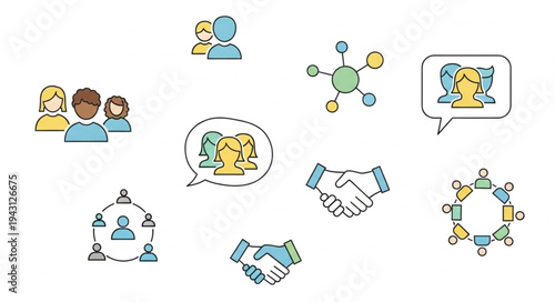 Illustrations of Teamwork, Collaboration, and Networking Concepts.