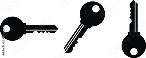 Simple key silhouettes set showing different house and door key shapes isolated black vector icons for security access concept
