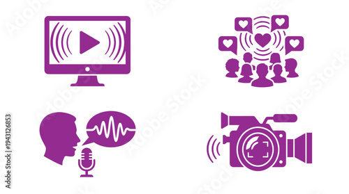 Digital Marketing and Social Media Content Creation Icons Showing Video Production Live Streaming Audience Engagement and Voice Recording for Online Branding