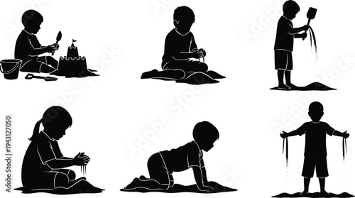 Children playing with sand silhouettes set kids sandbox activities building sandcastle digging and pouring sand vector illustration