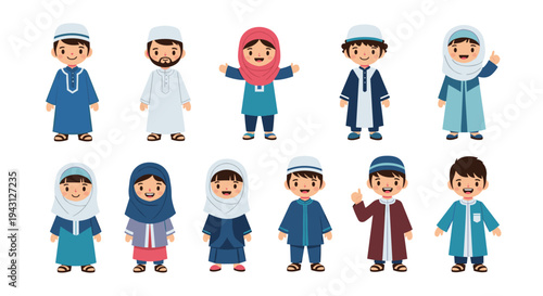 Large group of diverse Muslim children and adults in traditional clothing standing together and smiling on a clean white background.