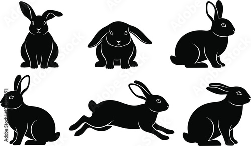 Six black rabbits in different poses on white background animal silhouettes cute