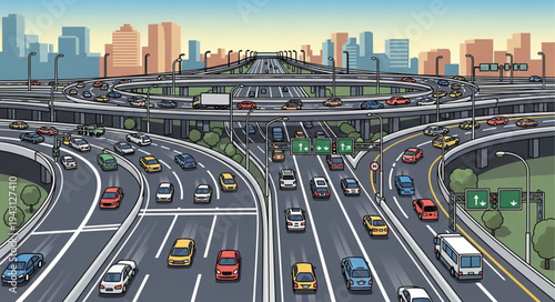 City Highway Traffic Congestion with Skyscrapers in the Background.