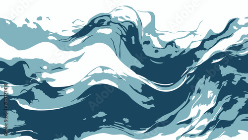 Vector captivating view of the waves in the ocean, abstract rendering water in motion with shades of blue and white, depicting motion, rhythm, and the dynamic energy of the sea.