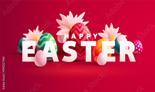 Easter greeting card design  with  3D decorated Easter eggs,  white letters  and flowers. Festive typographic banner.