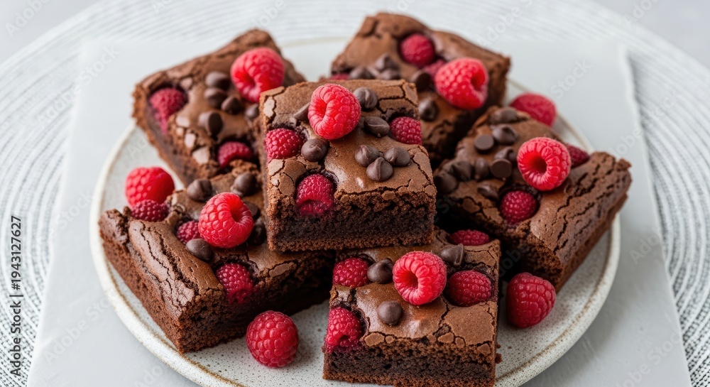 Fototapeta premium Delicious Brownies Topped with Fresh Raspberries and Chocolate Chips on a White Plate