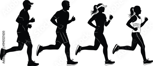 Running people silhouettes set featuring male and female joggers isolated black vector illustration for fitness, marathon and healthy lifestyle design