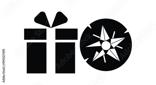 Simple black gift box silhouette placed next to a nautical compass star icon representing a special journey or finding the perfect gift.