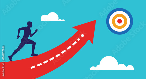 Motivated Businessman Silhouette Running Up On Red Increasing Arrow Towards Target Goal Achievement Success Concept In Flat Vector Illustration Style Design