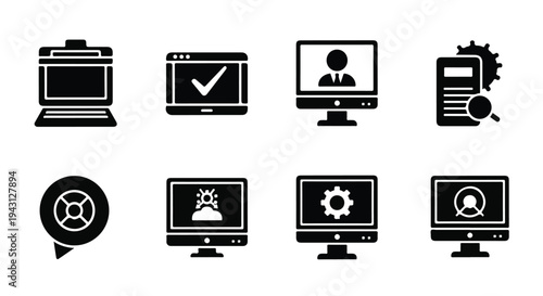 Set of 8 Black Glyph Style Computer and Technology Icons Vector for Web Design, UI/UX, Business, and Digital Marketing Assets