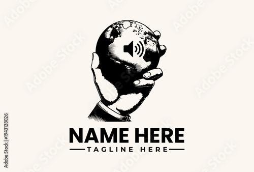 Black and white illustration of a man's head with a globe replacing his brain, surrounded by a clean white background, with a placeholder text for a logo or brand name, presented in a