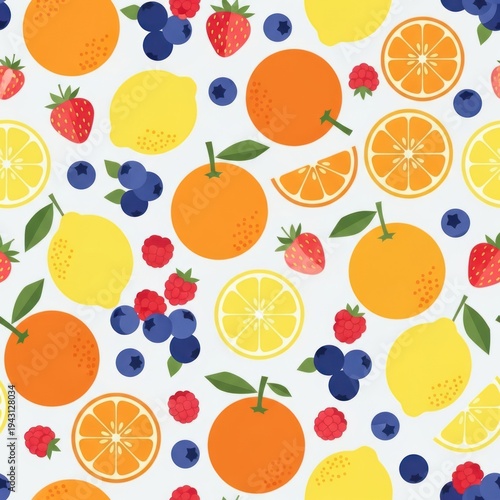 Vibrant Seamless Pattern with Fresh Citrus Fruits and Berries - Oranges, Lemons, Strawberries, Blueberries, and Raspberries on White Background.