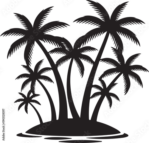  Black silhouette of tropical palm trees on a small island, vector illustration,