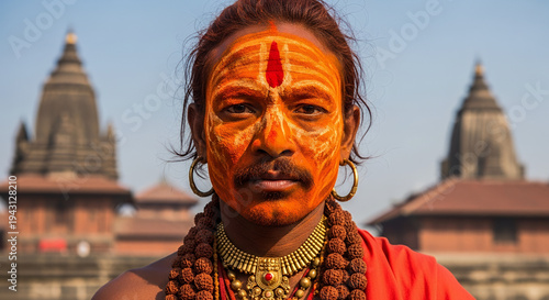 Tantric Sadhus, Portrait of a Tantric Sadhu with face painted in vermilion and ash, wearing heavy brass jewelry and rudraksha beads, Kamakhya Temple background