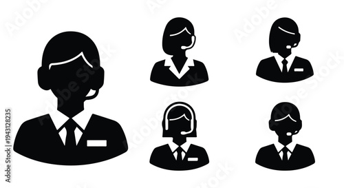Set of 5 black silhouette customer service agent icons vector, featuring male and female avatars with headsets, ideal for support, call center, and communication designs.