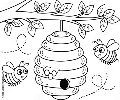 Colorful bee hive illustration for kids to learn about bees and nature