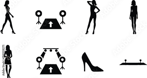 Woman silhouette vector icons with stage and spotlight illustrations