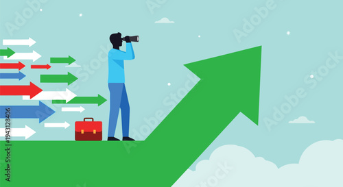 Determined Professional Leader Using Binoculars Standing On Large Green Upward Arrow Watching Future Business Trends Vision Growth And Successful Strategy Development
