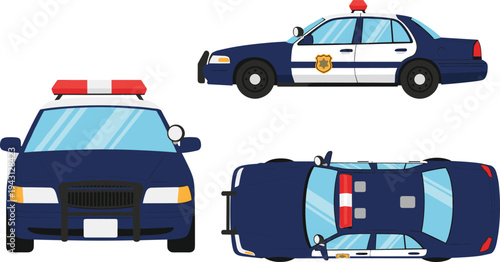 Police patrol car vector illustration with front, side and top views detailed law enforcement vehicle for security, emergency response design