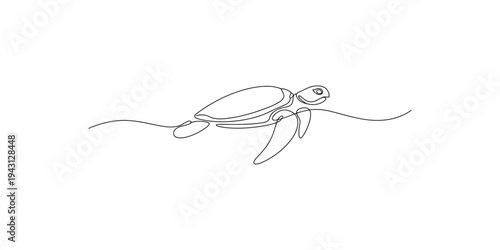 A minimalist line drawing of a sea turtle swimming through the ocean one art illustration