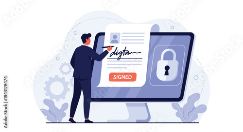Professional businessman standing in front of a large computer monitor signing a digital document with a secure padlock icon displayed.