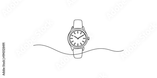 A simple line drawing of a wristwatch with a wavy line underneath watch time clock