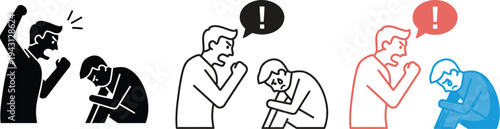 Angry man shouting at another man in various illustration styles