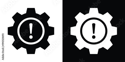 Industrial error or system alert icon. A bold gear silhouette with a central exclamation mark, symbolizing mechanical failure, maintenance warnings, or technical troubleshooting settings.