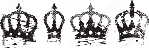 vintage distressed black crowns silhouettes set grunge royal symbols with worn ink texture classic tattoo and design elements collection