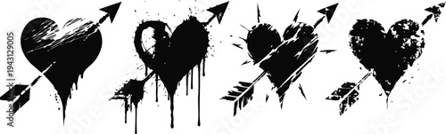 Grunge black hearts pierced by arrows set distressed love symbols with paint splatter and drip effects
